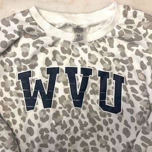 Gray and white leopard print WVU sweatshirt